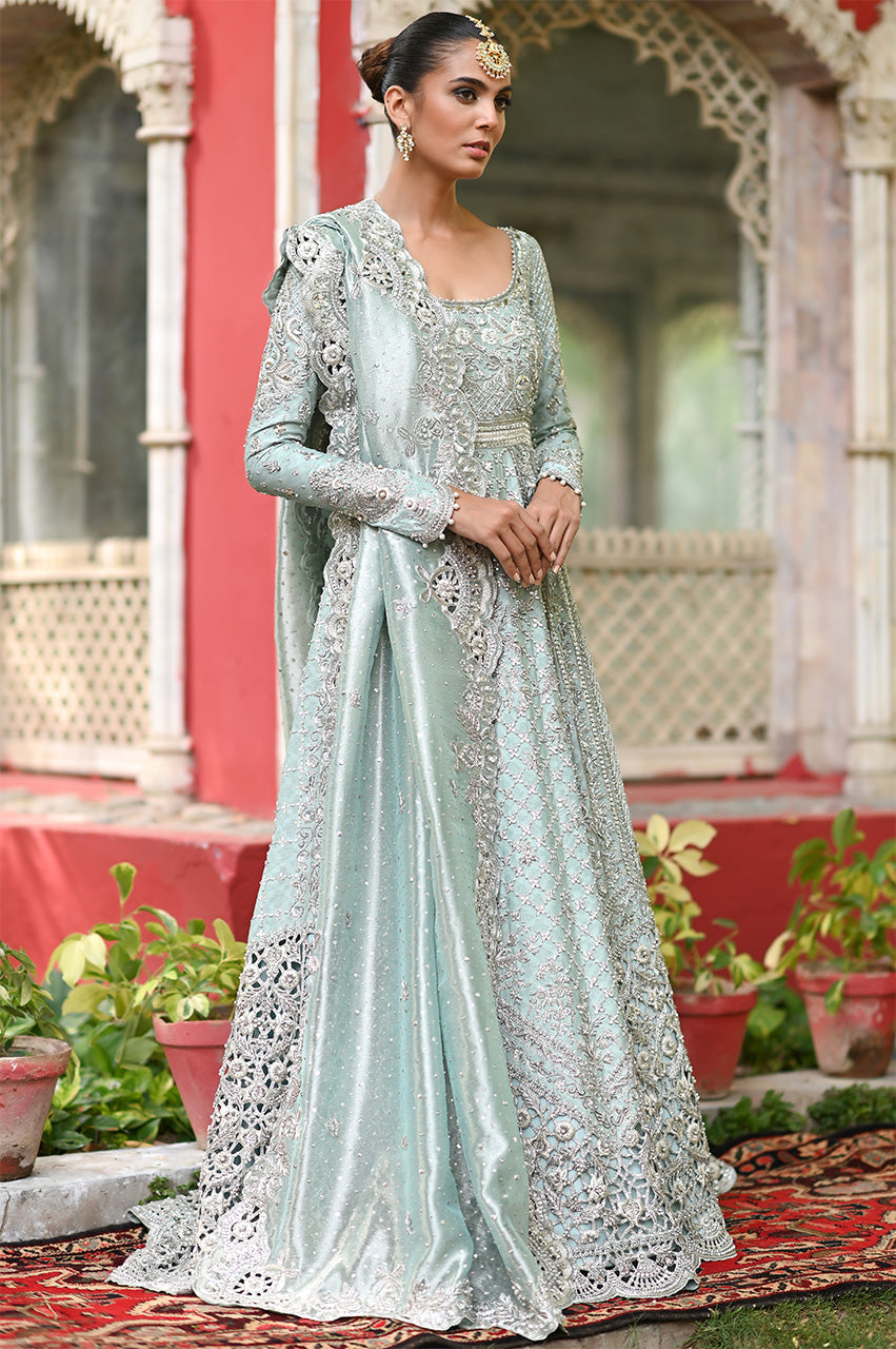 Pakistani Ice Blue Embroidered Cotton Net Pishwas (2-Piece) - Image 1