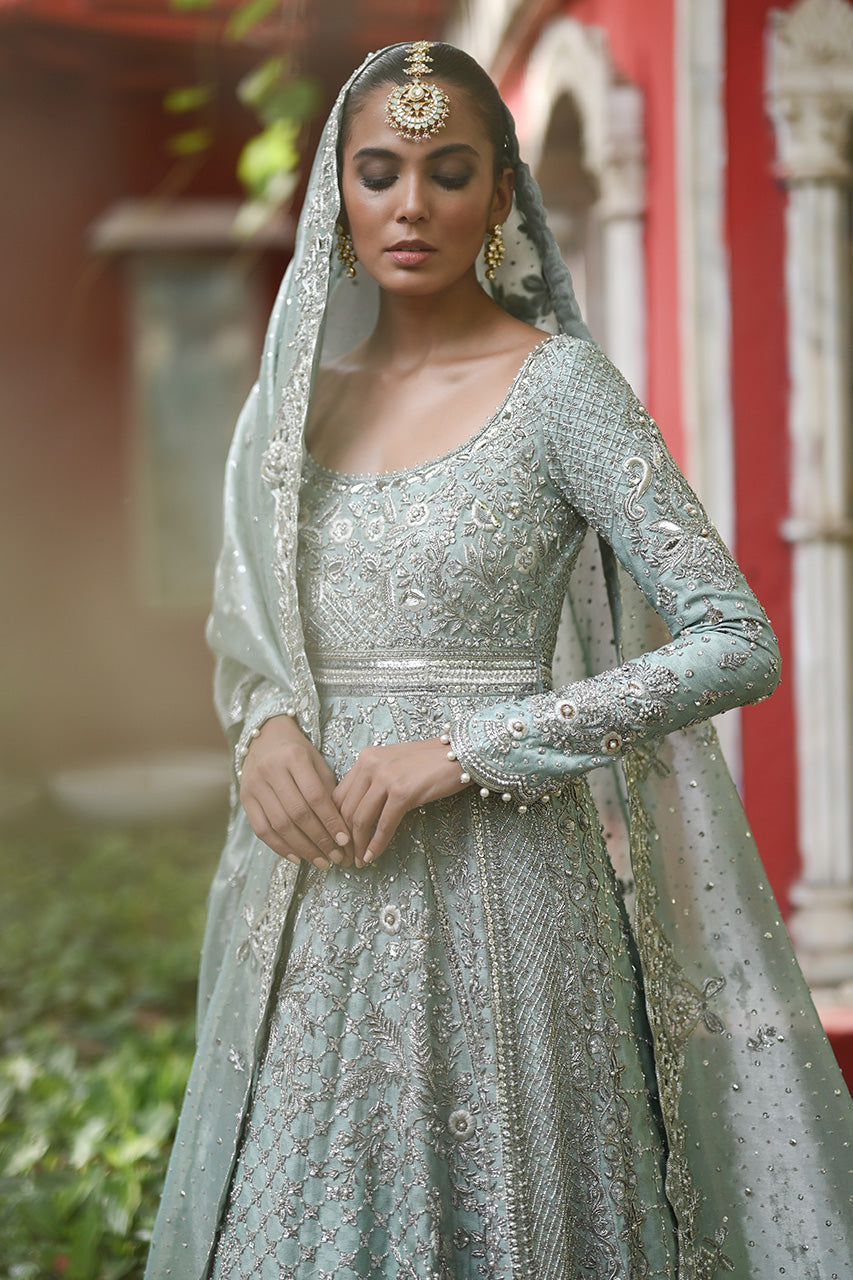 Pakistani Ice Blue Embroidered Cotton Net Pishwas (2-Piece) - Image 5