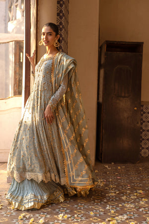 Pakistani Light Blue Mukesh Embellished Net Pishwas (3-Piece) - Image 5