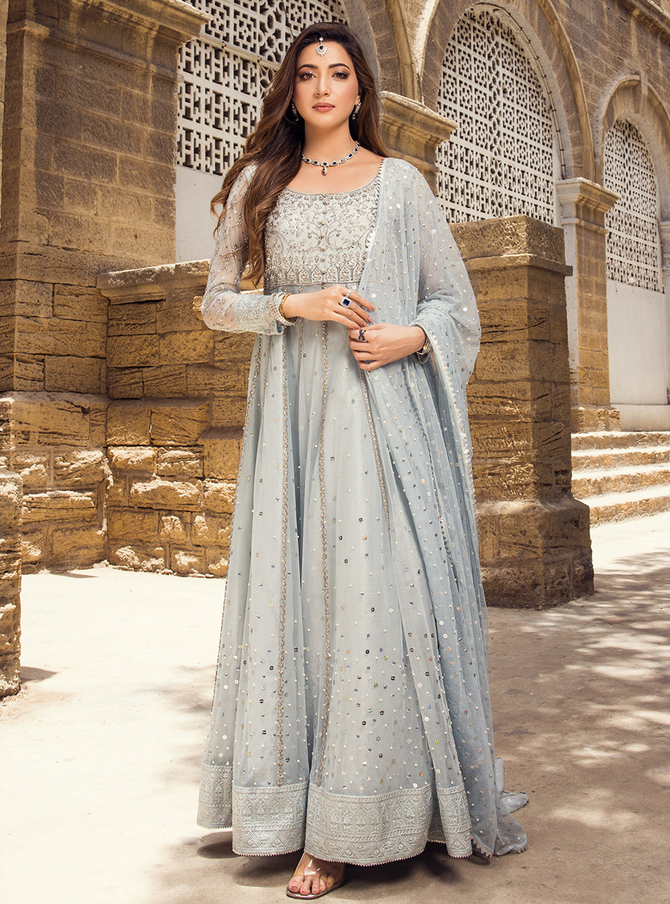 Pakistani Ice Blue Embroidered Net Viscose Silk Pishwas (3-Piece) - Image 1
