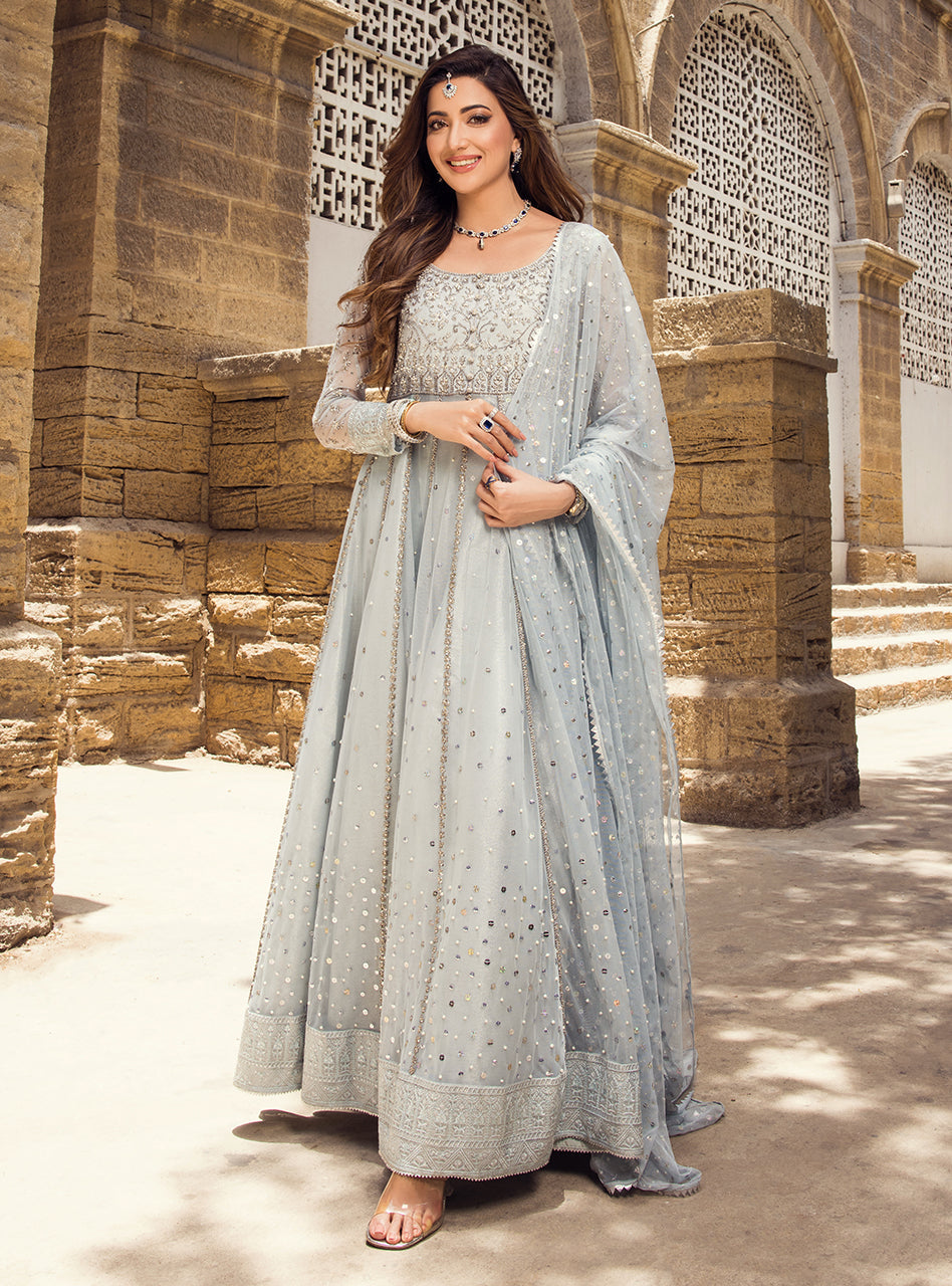 Pakistani Ice Blue Embroidered Net Viscose Silk Pishwas (3-Piece) - Image 2