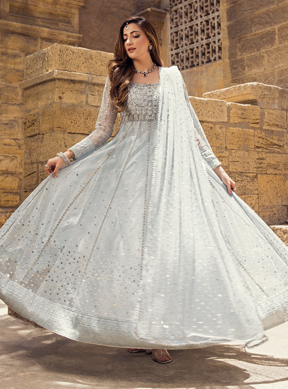 Pakistani Ice Blue Embroidered Net Viscose Silk Pishwas (3-Piece) - Image 5