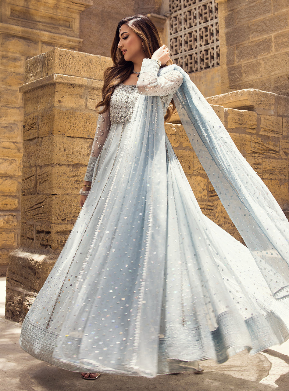 Pakistani Ice Blue Embroidered Net Viscose Silk Pishwas (3-Piece) - Image 6