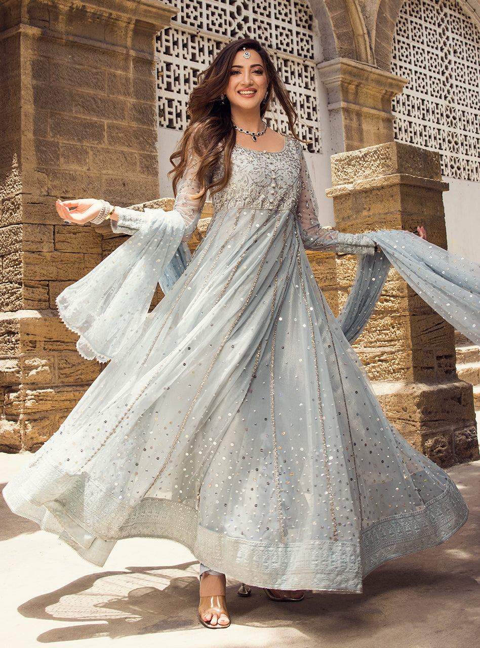 Pakistani Ice Blue Embroidered Net Viscose Silk Pishwas (3-Piece) - Image 7