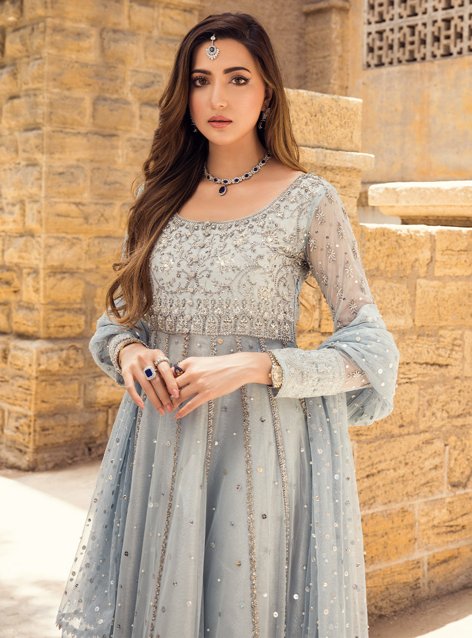 Pakistani Ice Blue Embroidered Net Viscose Silk Pishwas (3-Piece) - Image 8