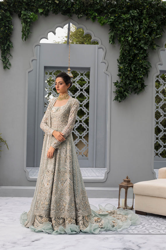 Ice Blue Hand-Embroidered French Net Jamawar Pishwas (3-Piece) - Image 1