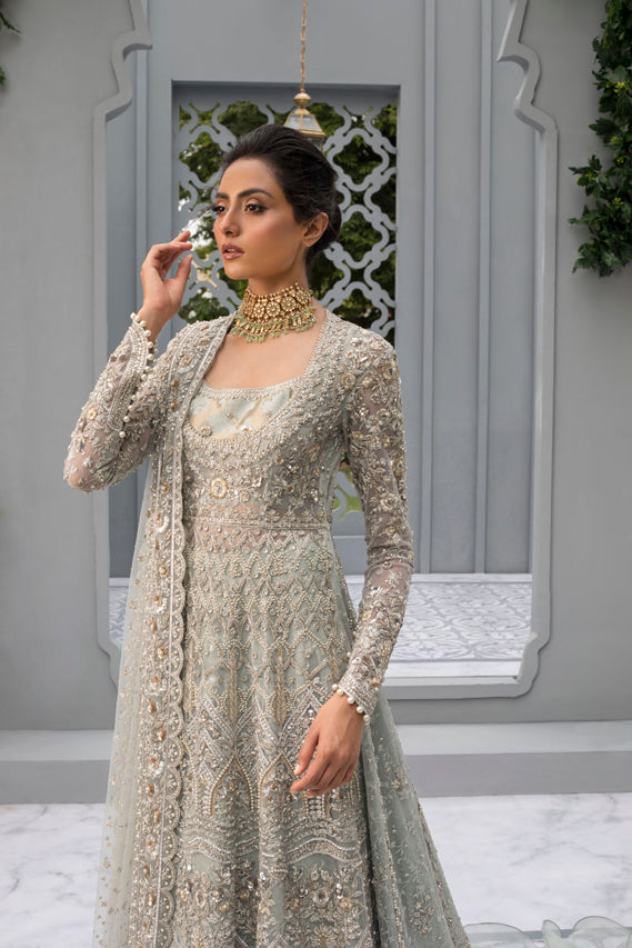 Ice Blue Hand-Embroidered French Net Jamawar Pishwas (3-Piece) - Image 2