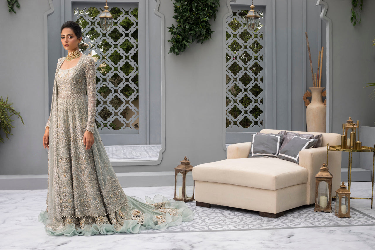 Ice Blue Hand-Embroidered French Net Jamawar Pishwas (3-Piece) - Image 3