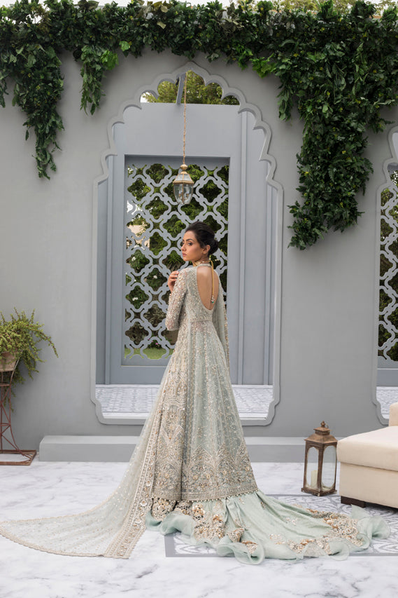 Ice Blue Hand-Embroidered French Net Jamawar Pishwas (3-Piece) - Image 4