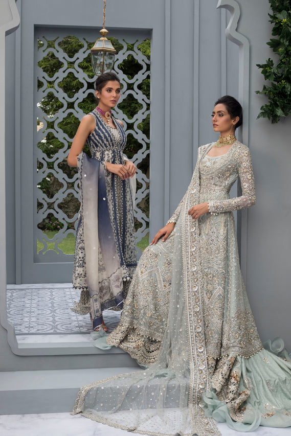 Ice Blue Hand-Embroidered French Net Jamawar Pishwas (3-Piece) - Image 5