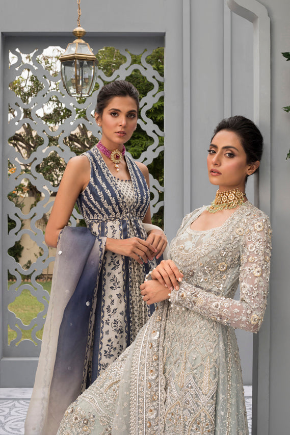 Ice Blue Hand-Embroidered French Net Jamawar Pishwas (3-Piece) - Image 6