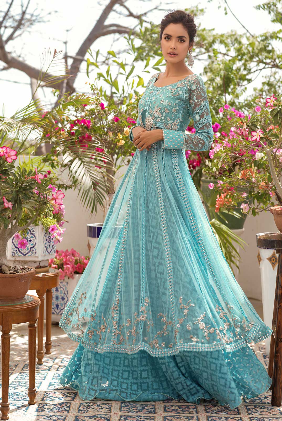 Ice Blue Zardozi French Net Pishwas (3-Piece) - Image 1