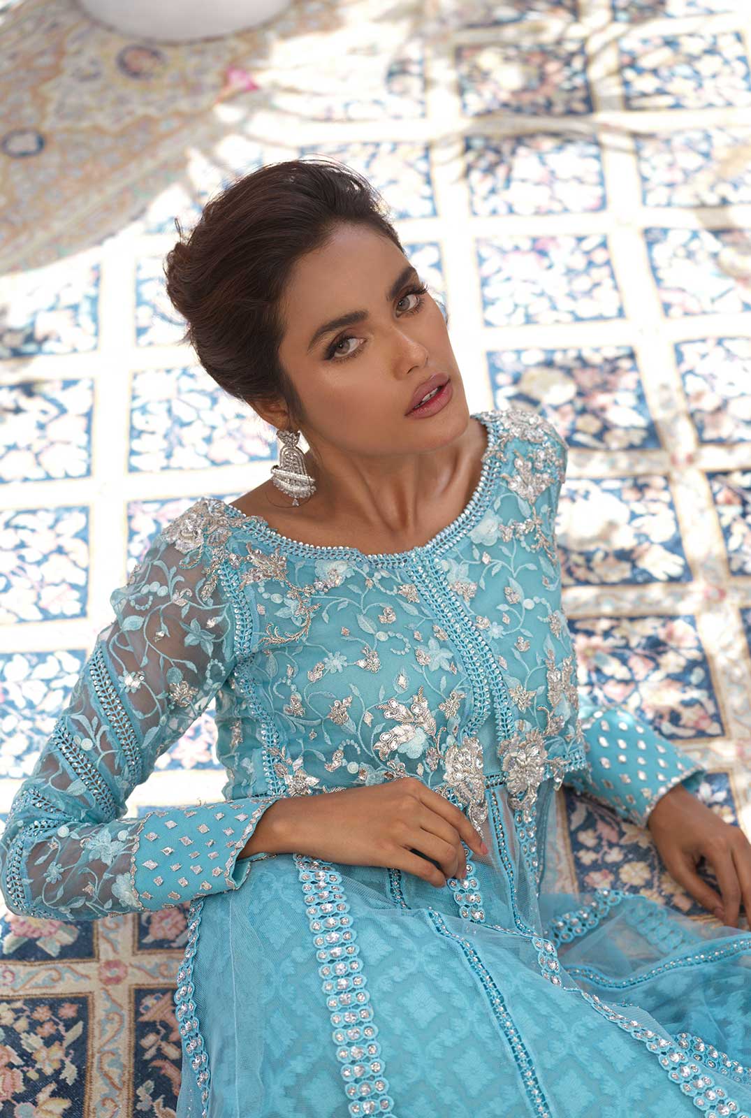 Ice Blue Zardozi French Net Pishwas (3-Piece) - Image 2