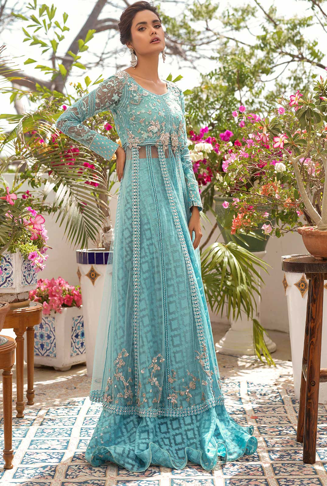 Ice Blue Zardozi French Net Pishwas (3-Piece) - Image 3