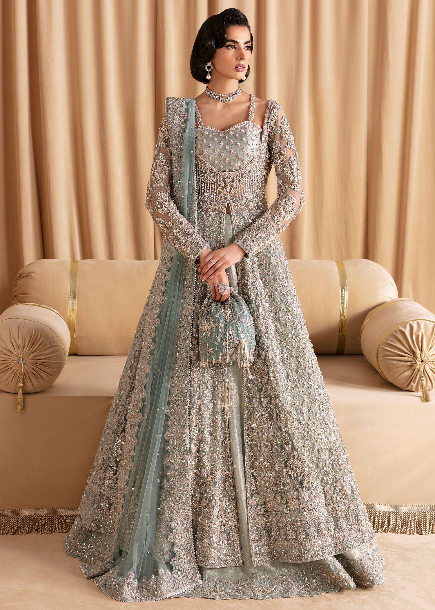 Pakistani Light Blue Embellished Net & Jamavar Pishwas (3-Piece) - Image 1