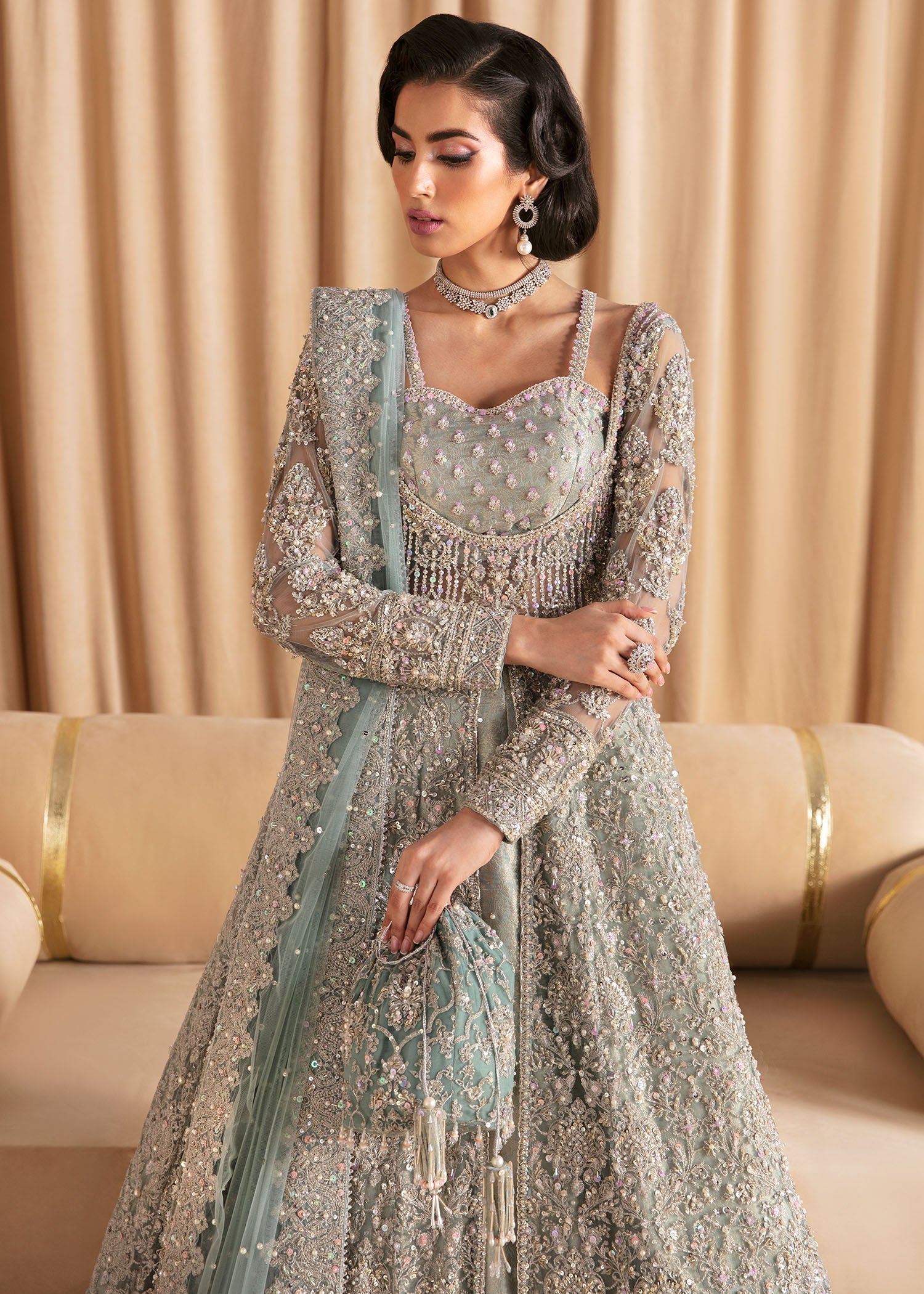 Pakistani Light Blue Embellished Net & Jamavar Pishwas (3-Piece) - Image 2