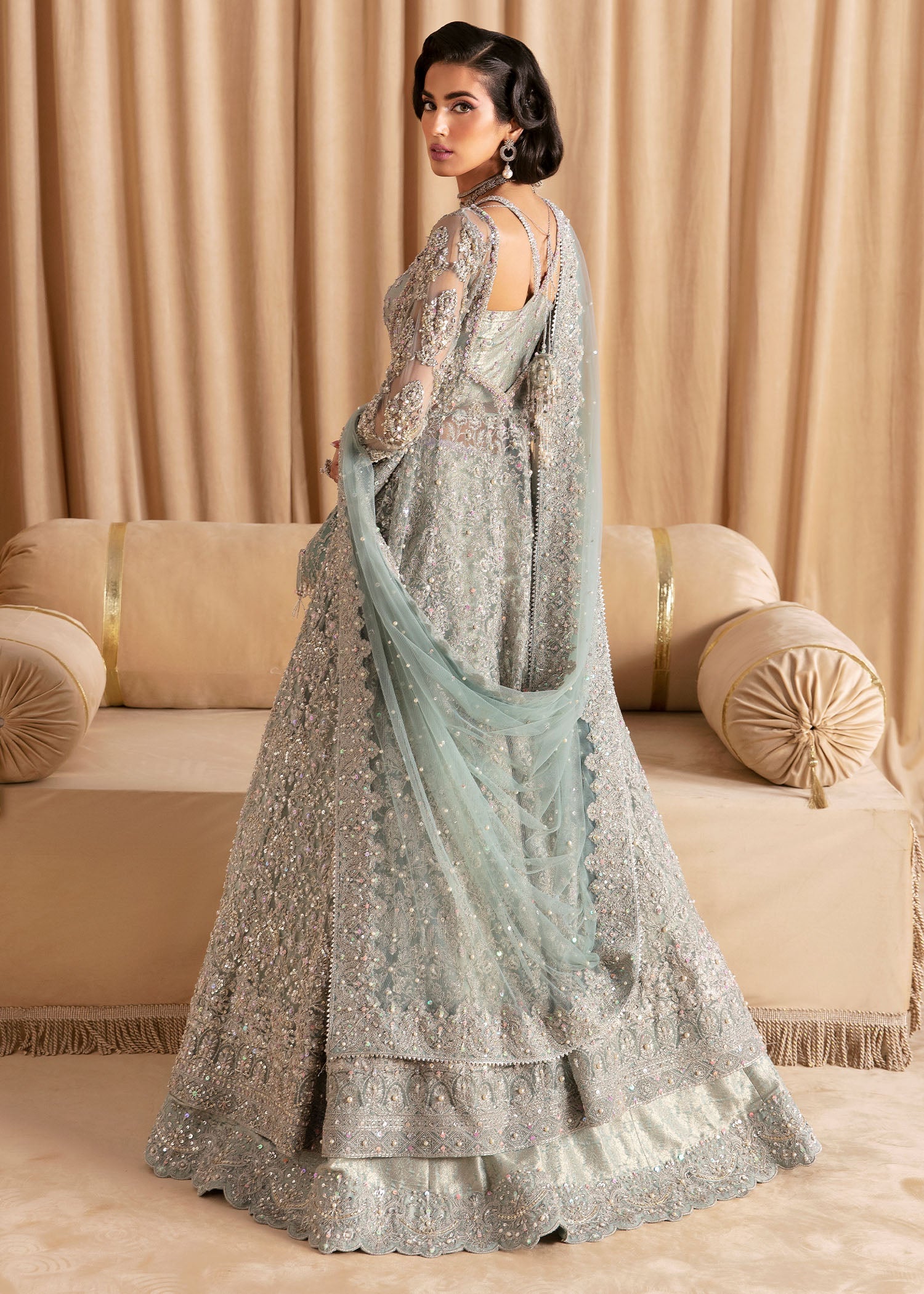 Pakistani Light Blue Embellished Net & Jamavar Pishwas (3-Piece) - Image 4
