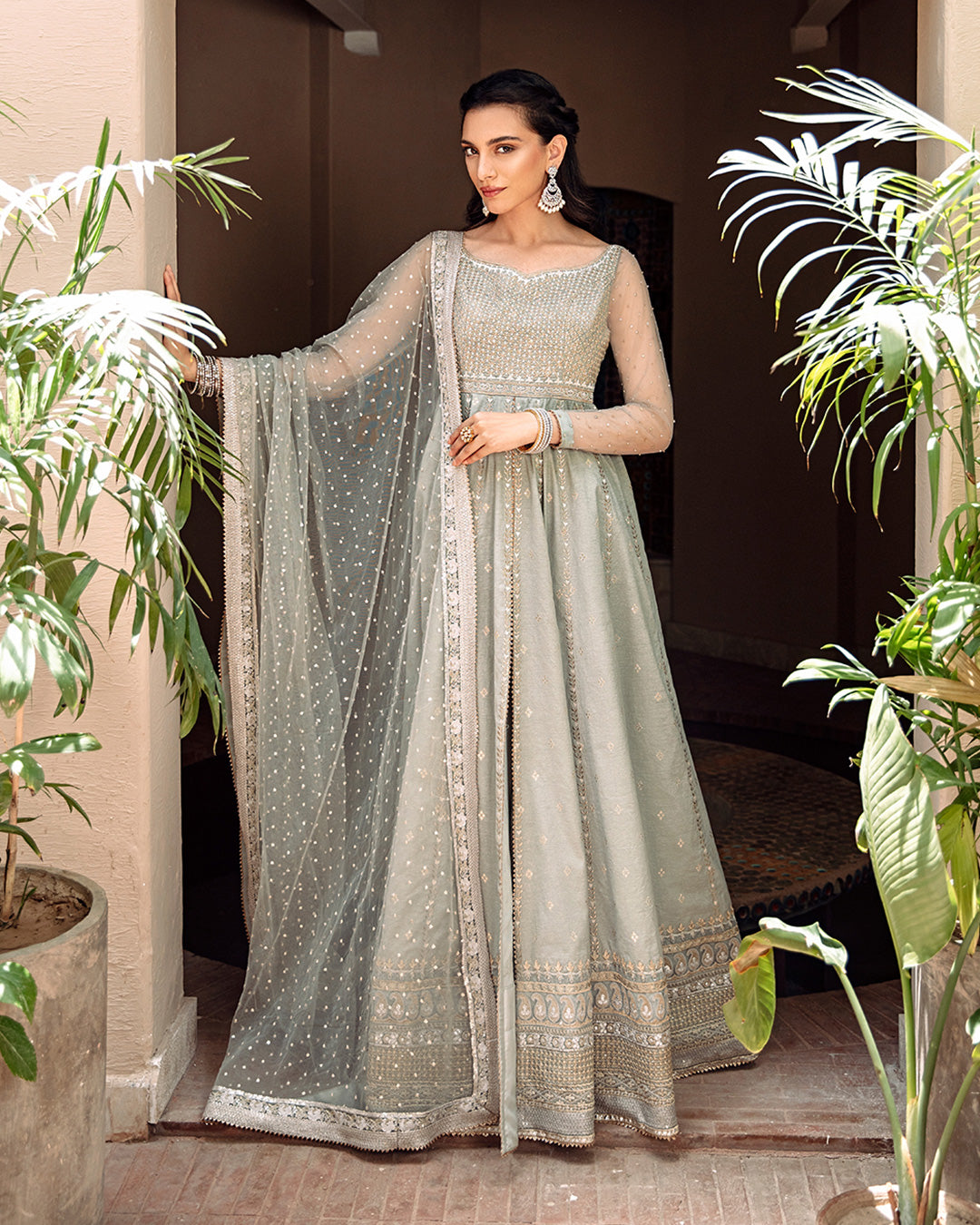 Pakistani Ice Blue Embroidered Karandi Pishwas (3-Piece) - Image 1