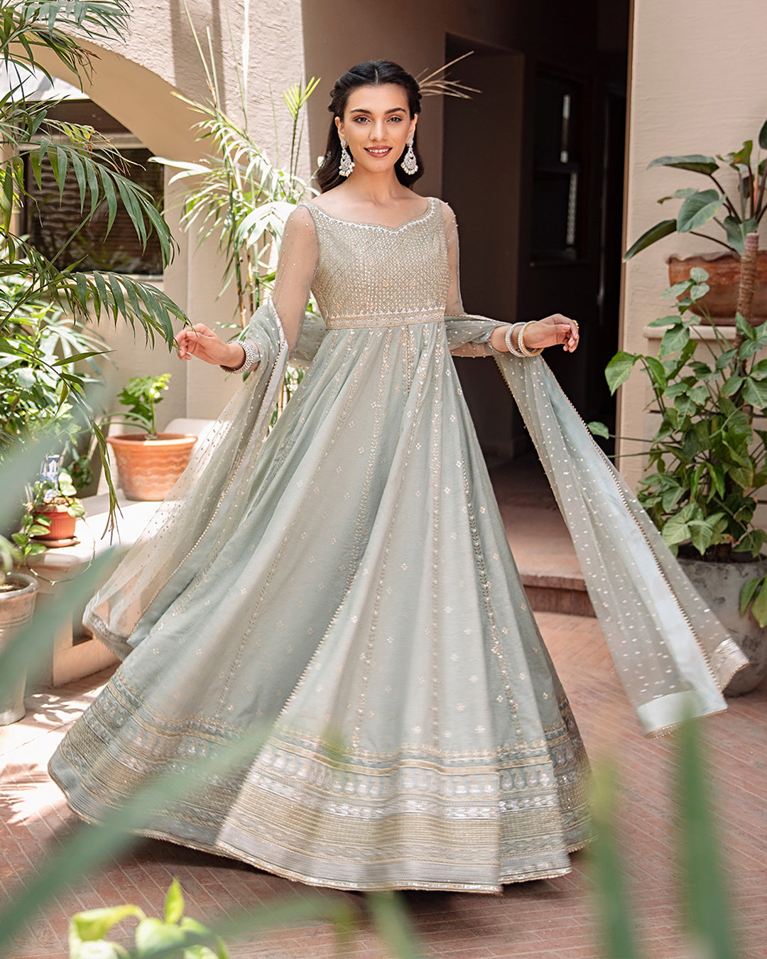 Pakistani Ice Blue Embroidered Karandi Pishwas (3-Piece) - Image 2