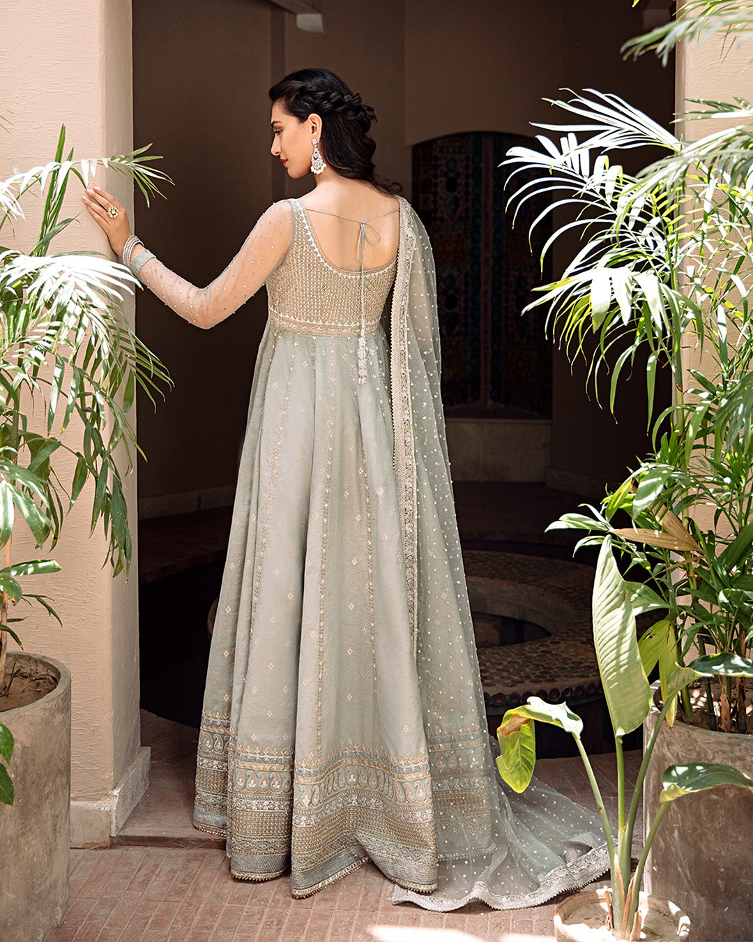 Pakistani Ice Blue Embroidered Karandi Pishwas (3-Piece) - Image 3