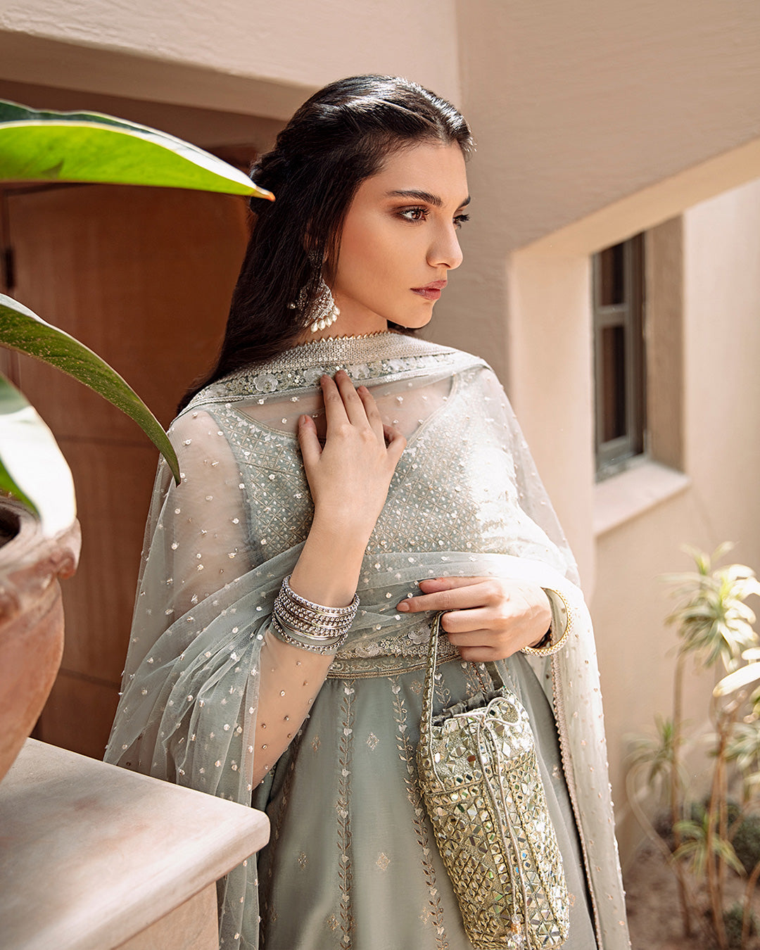 Pakistani Ice Blue Embroidered Karandi Pishwas (3-Piece) - Image 4