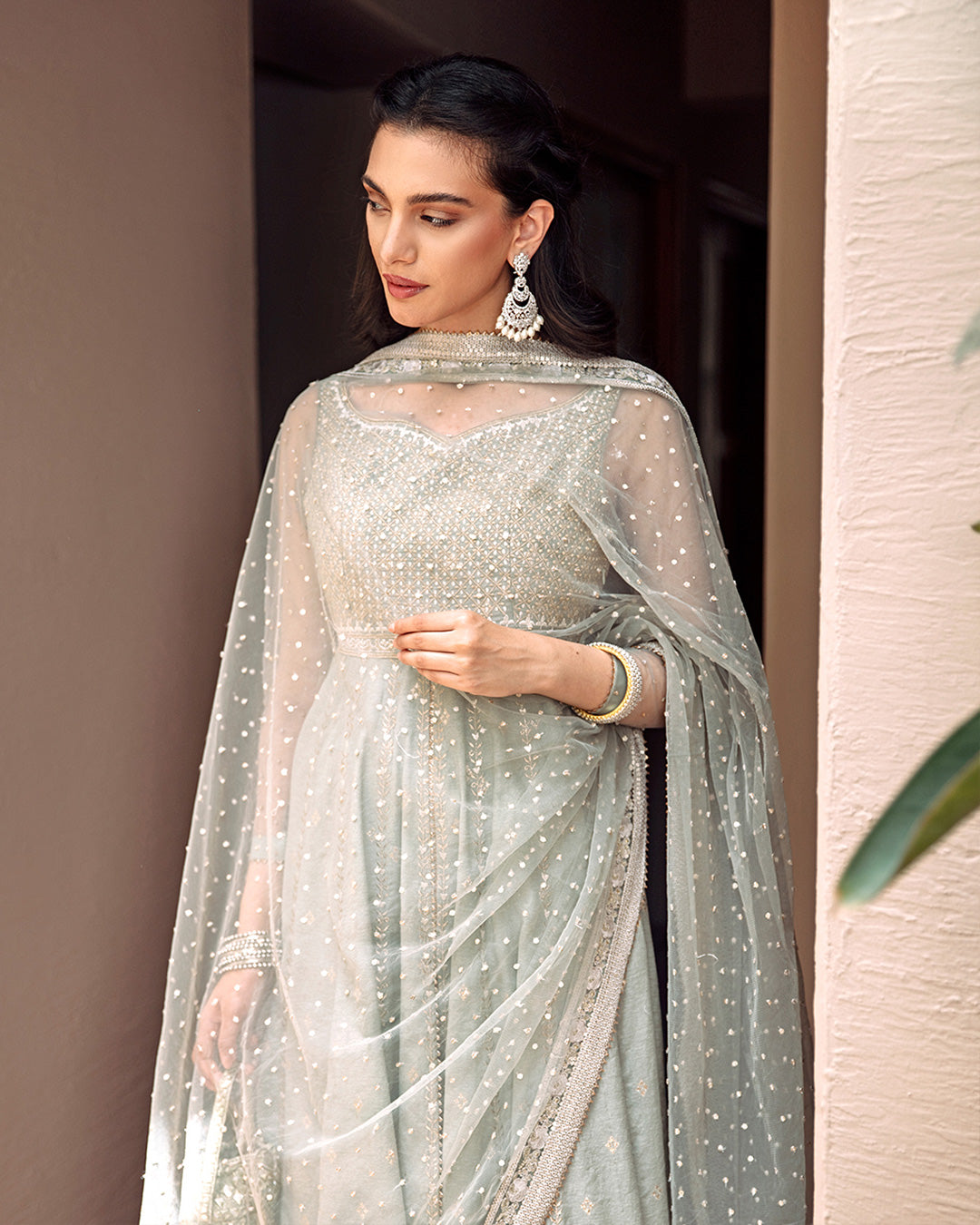 Pakistani Ice Blue Embroidered Karandi Pishwas (3-Piece) - Image 5