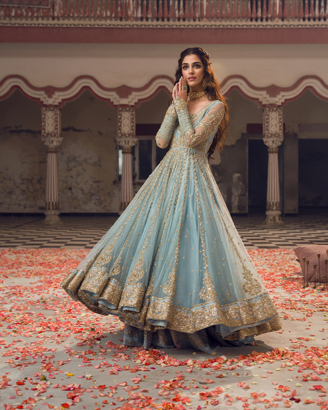 Pakistani Powder Blue Embroidered Net Pishwas Dress (3-Piece) - Image 1
