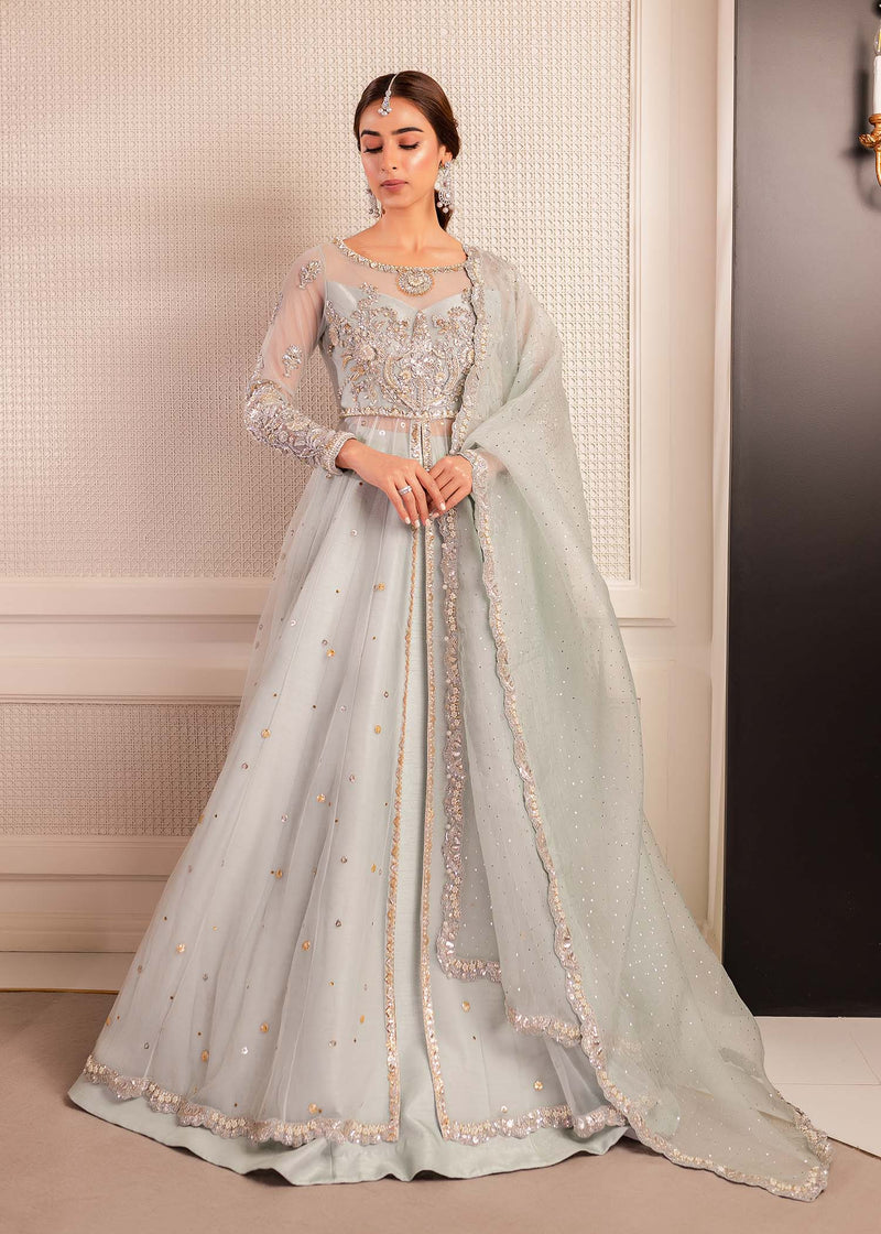 Ice Blue Embellished Net Pishwas Lehnga (3-Piece) - Image 1