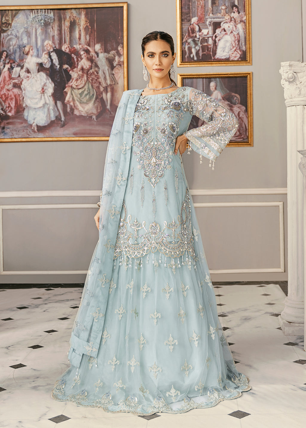 Pakistani Powder Blue Embroidered Net Pishwas Dress (3-Piece) - Image 1