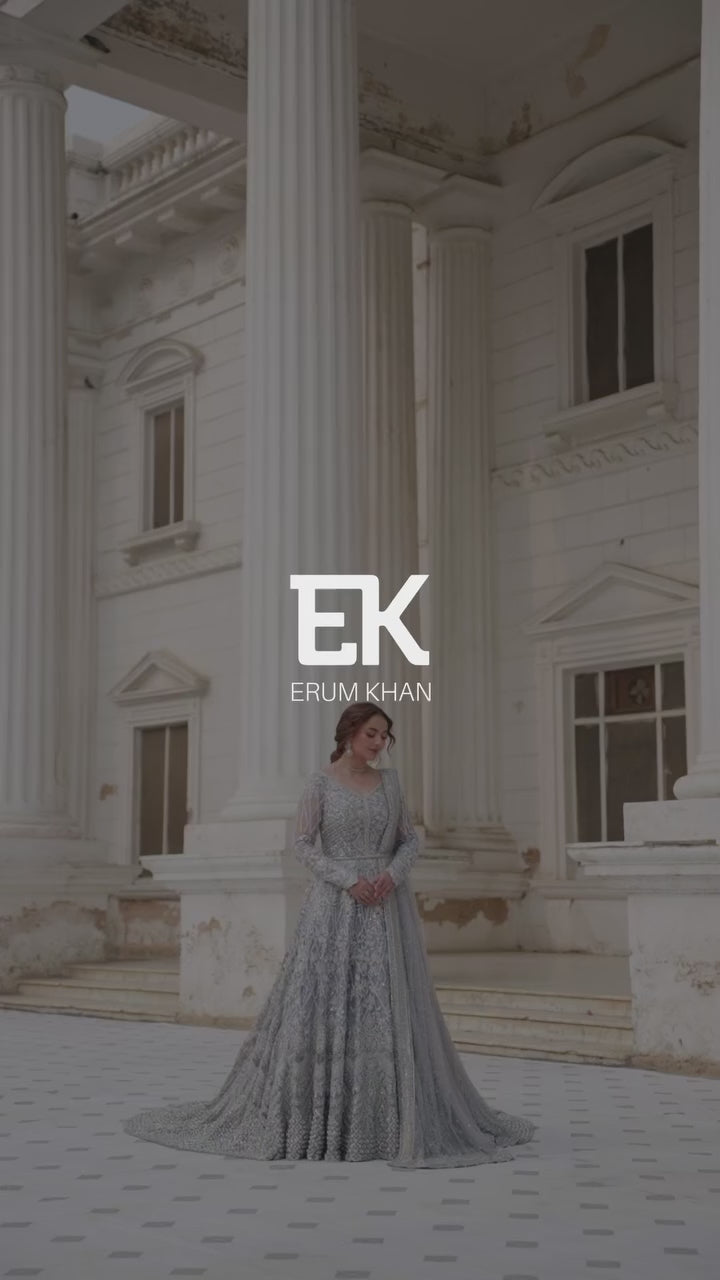 Pakistani Ice Blue Hand Embroidered Net Pishwas (2-Piece) - Image 12