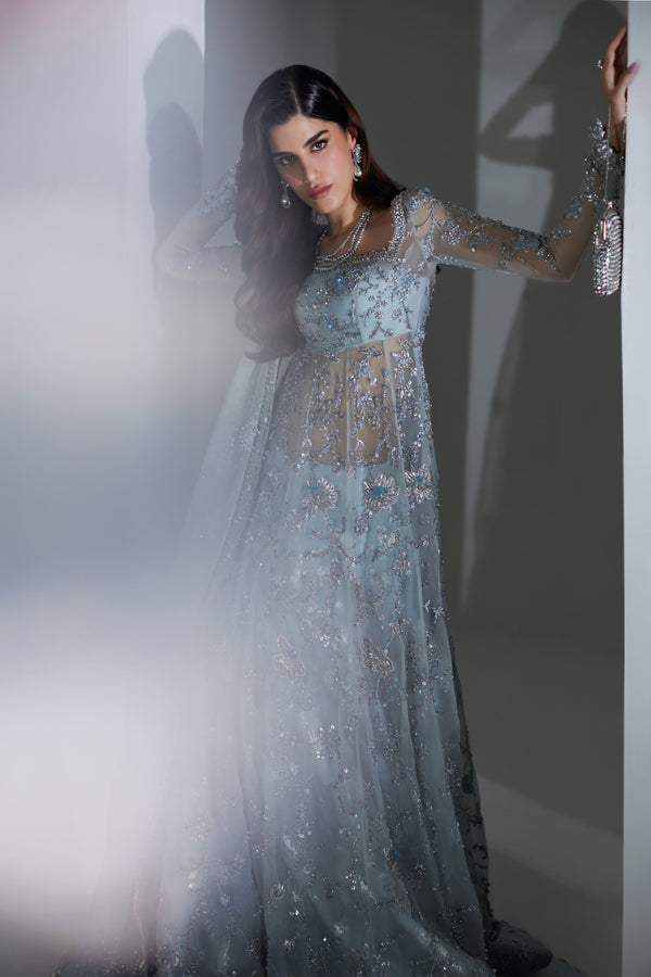 Ice Blue 3D Floral Net Organza Pishwas (2-Piece) - Image 10