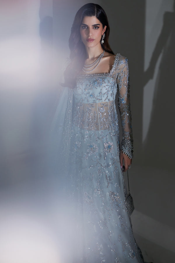 Ice Blue 3D Floral Net Organza Pishwas (2-Piece) - Image 11