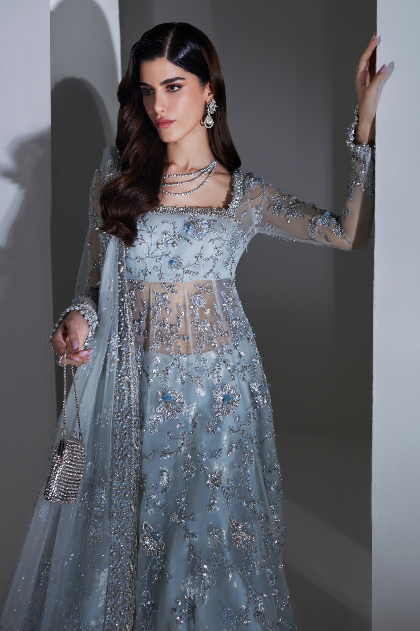 Ice Blue 3D Floral Net Organza Pishwas (2-Piece) - Image 3