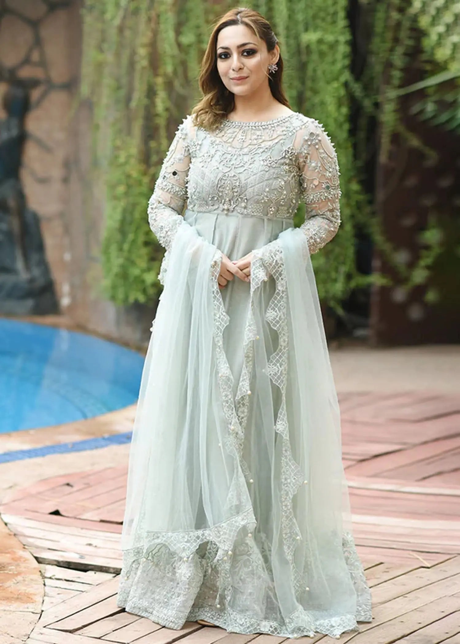 Pakistani Ice-Blue Embroidered Net Pishwas Dress (2-Piece) - Image 1