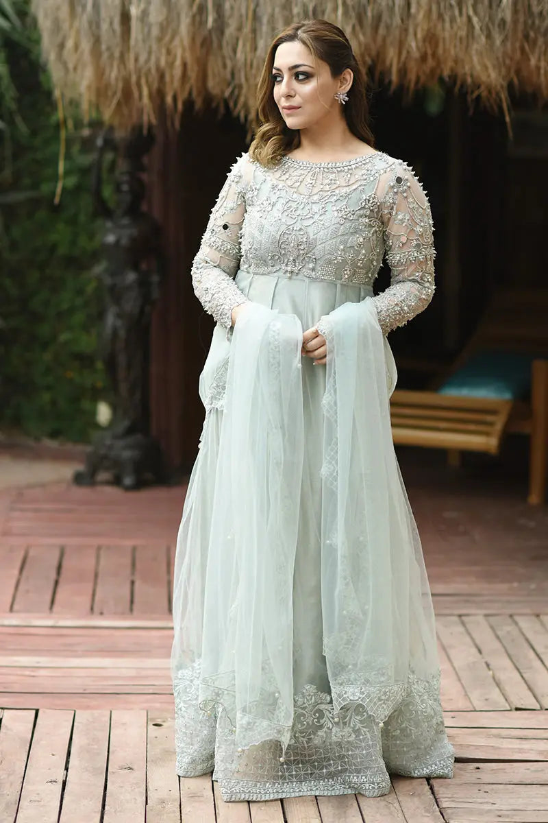 Pakistani Ice-Blue Embroidered Net Pishwas Dress (2-Piece) - Image 3