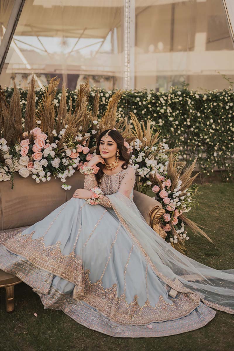 Pakistani Ice Blue Embroidered Net Pishwas Dress (3-Piece) - Image 1