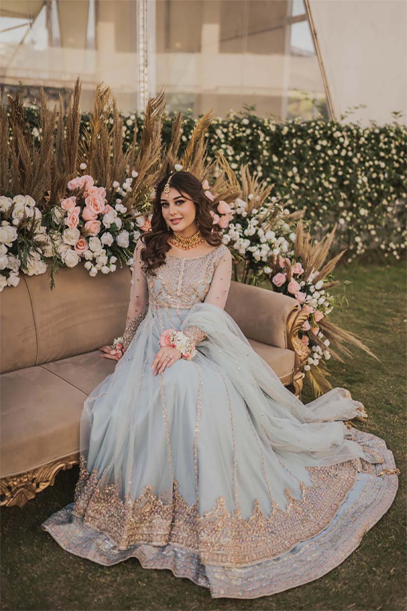 Pakistani Ice Blue Embroidered Net Pishwas Dress (3-Piece) - Image 5