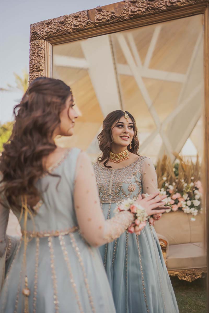 Pakistani Ice Blue Embroidered Net Pishwas Dress (3-Piece) - Image 6