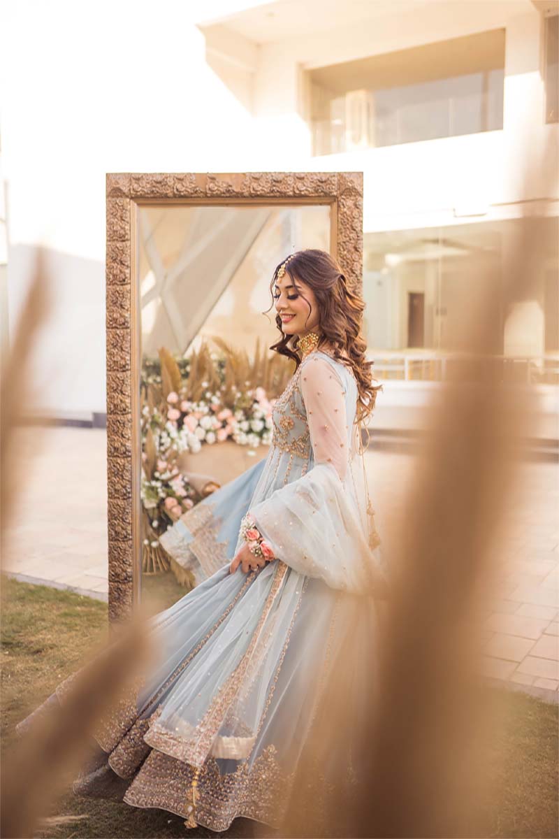 Pakistani Ice Blue Embroidered Net Pishwas Dress (3-Piece) - Image 7