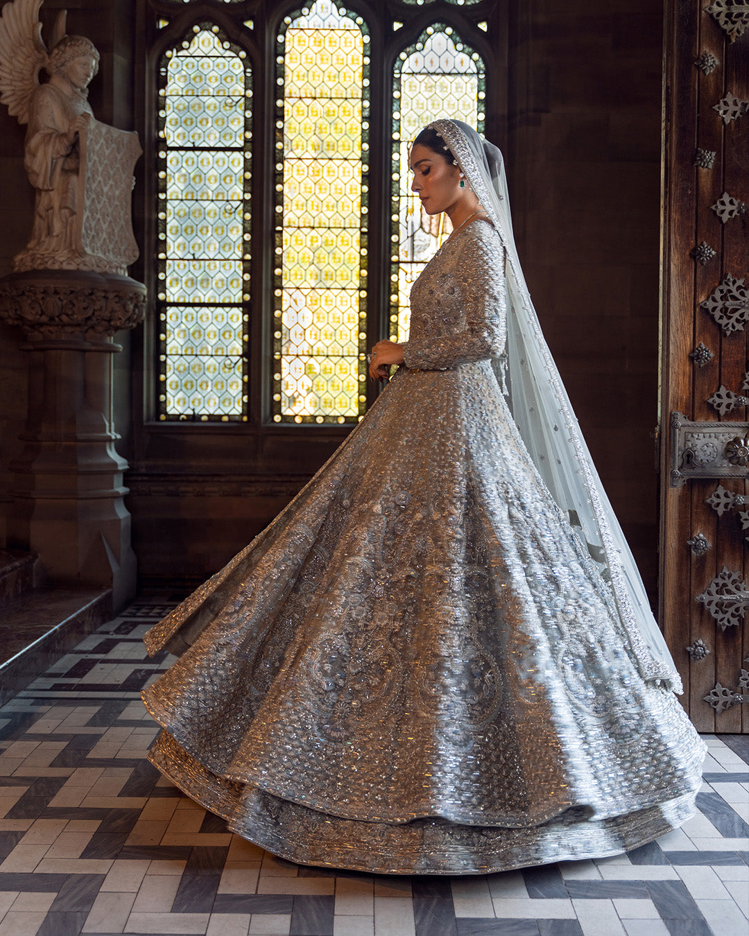 Ice-Blue Hand-Embellished Net Pishwas Dress (3-Piece) - Image 3