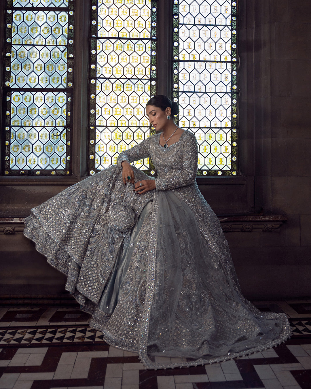 Ice-Blue Hand-Embellished Net Pishwas Dress (3-Piece) - Image 5