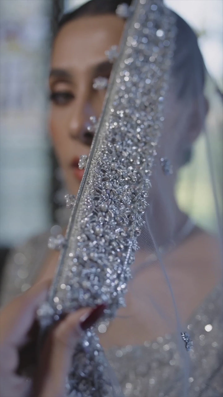 Ice-Blue Hand-Embellished Net Pishwas Dress (3-Piece) - Image 8