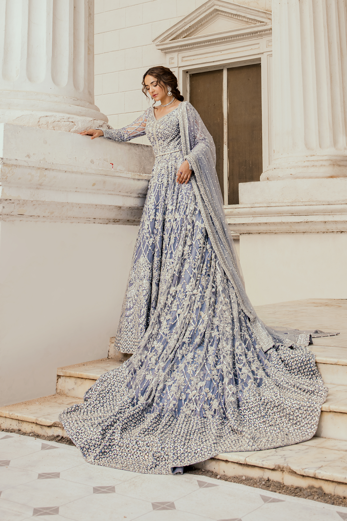 Ice Blue Hand-Embroidered Net Pishwas (2-Piece) - Image 6