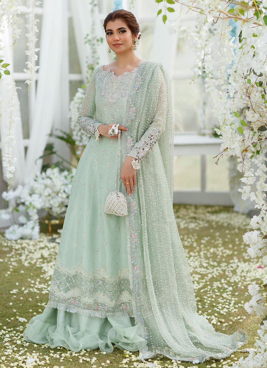 Aqua Hand-Embellished Net Pishwas Dress (2-Piece) - Image 1