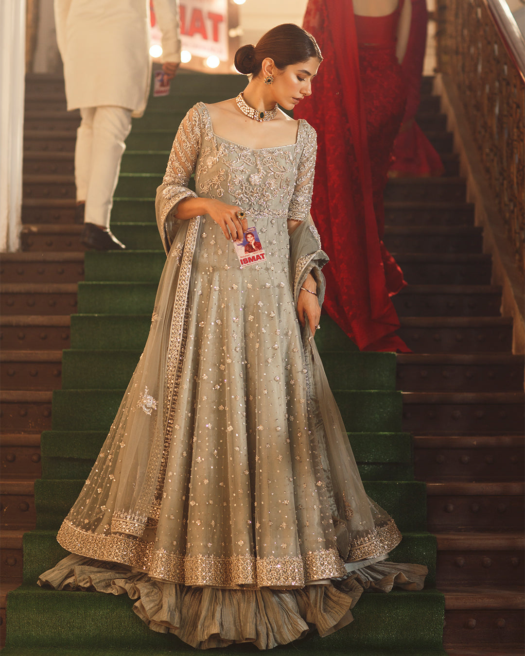 Pale Blue Embroidered Net Pishwas Dress (3-Piece) - Image 1