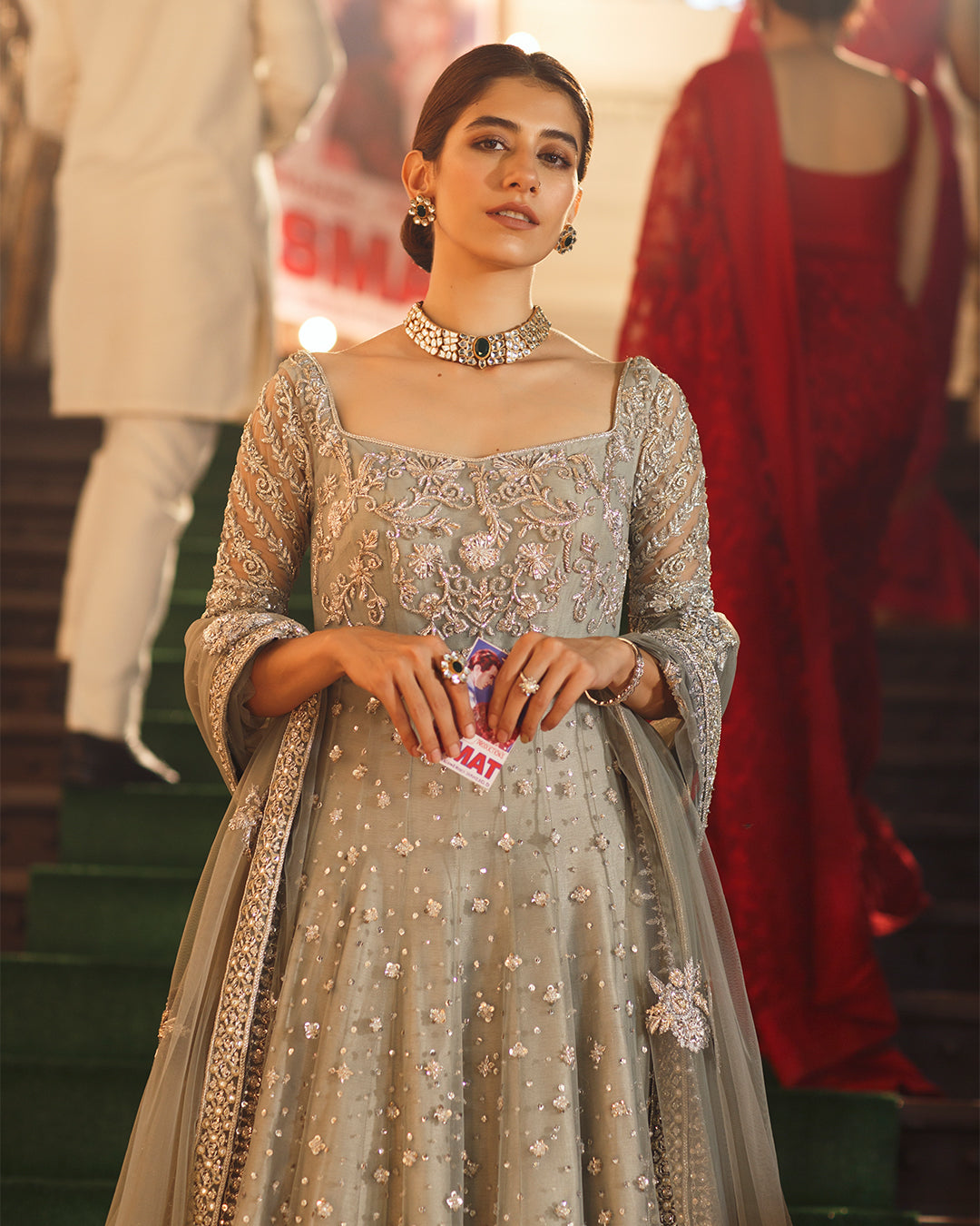 Pale Blue Embroidered Net Pishwas Dress (3-Piece) - Image 2