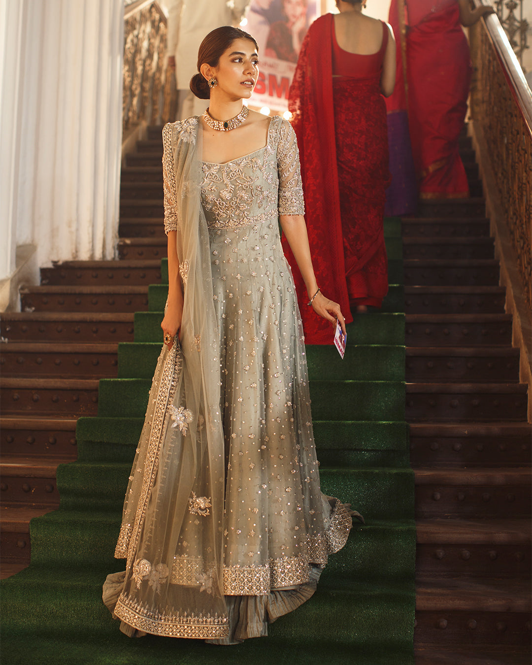Pakistani Pale Blue Embellished Net Pishwas Dress (3-Piece) - Image 4