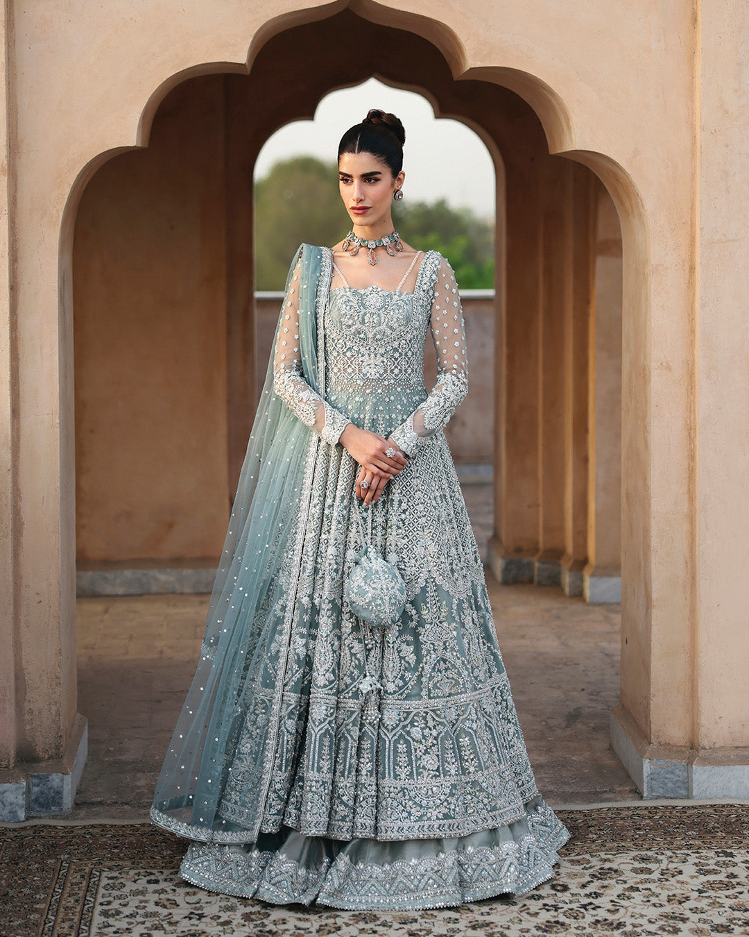 Pakistani Mint Blue Embroidered Net Pishwas Dress (3-Piece) - Image 1