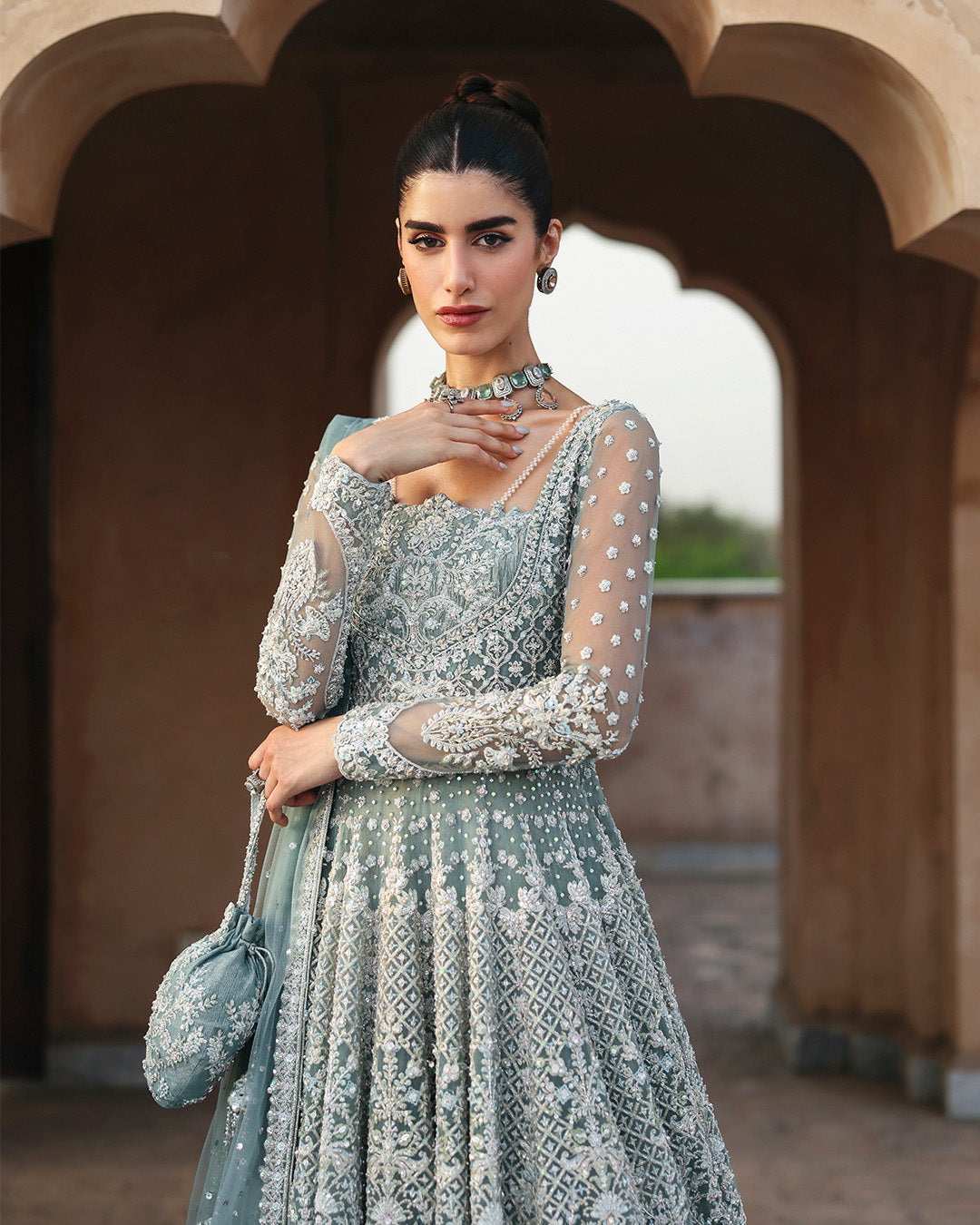 Pakistani Mint Blue Embroidered Net Pishwas Dress (3-Piece) - Image 3