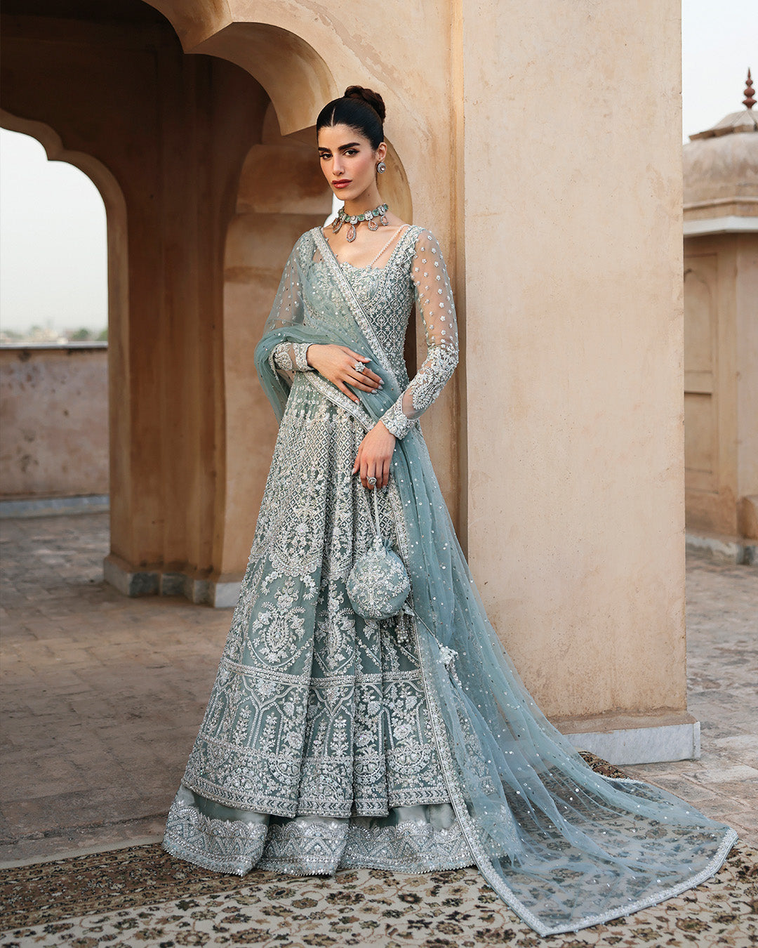 Pakistani Mint Blue Embroidered Net Pishwas Dress (3-Piece) - Image 4